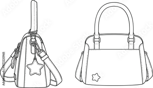 Technical fashion sketch bundle featuring leather satchel handbag, cropped hoodie, varsity bomber jacket, tailored coat, kimono, wrap blouse, racerback bodysuit, and athletic sports bra templates