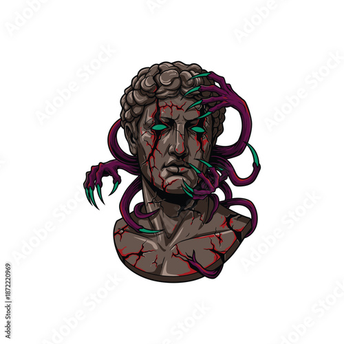 Distorted Roman Bust with Tentacles and Glowing Green Eyes.