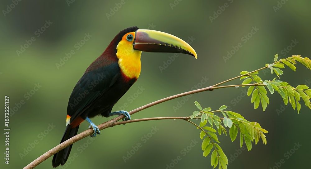 Fototapeta premium Close-up of a Keel-billed Toucan resting on a tree branch, detailed view of the rainbow bill and bright yellow throat against a blurred forest background.