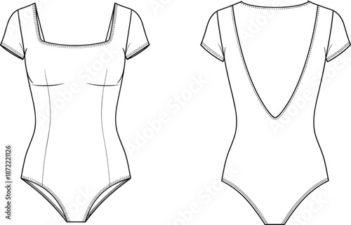 Technical fashion sketch bundle featuring women's double breasted coat, kimono jacket, wrap blouse, racerback bodysuit, square neck leotard, and athletic sports bra design templates