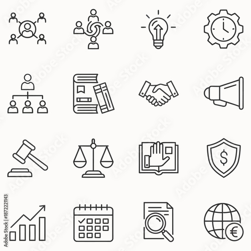 A clean vector icon set showing business and education symbols like money, phone, calendar, calculator, computer, book, and school for web and office use