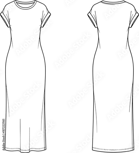 Technical fashion sketch bundle of women's double breasted long coat, classic t-shirt, athletic crop top and maxi dress, apparel design templates for garment manufacturing.
