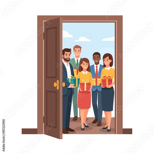 A diverse group of business people holding gift boxes standing in an open doorway, ready to welcome or celebrate an event.