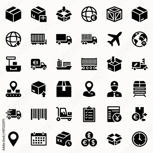 Business and finance icon set with technology travel and media symbols
