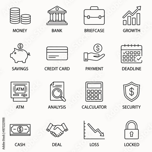 A simple vector icon set showing business and finance symbols for web, office, communication, shopping, and digital use