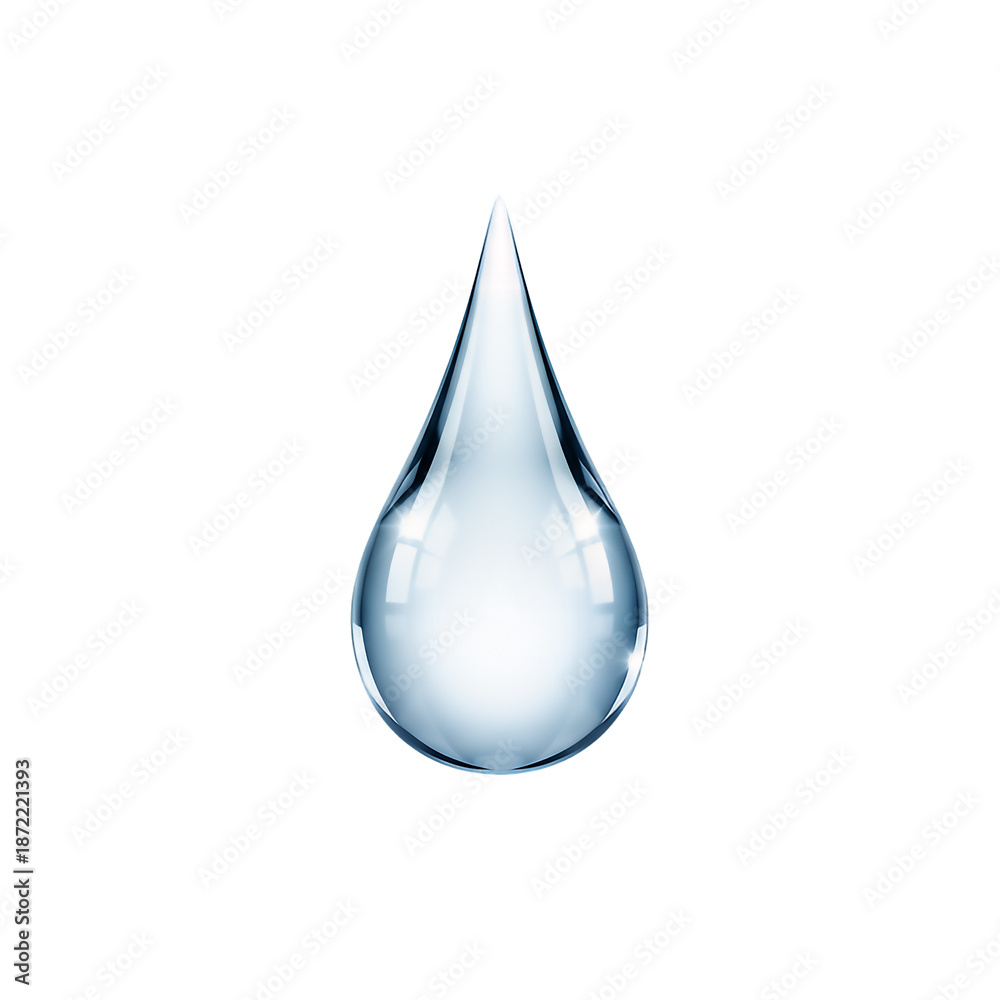 Fototapeta premium Clear blue water drop with reflections, isolated on white background