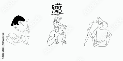 Father and Child Line Art Collection with Piggyback Ride and Hand Holding Drawing