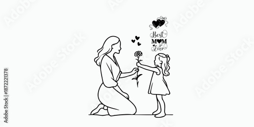 Minimalist Line Art of a Daughter Giving a Flower to Her Mother
