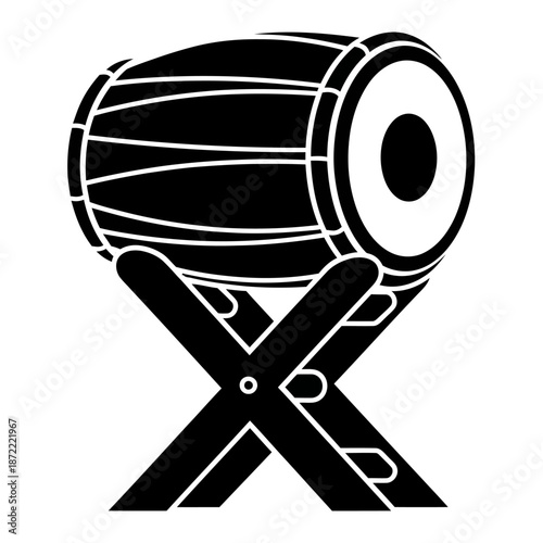 Traditional Islamic bedug drum on wooden stand silhouette vector icon isolated on white background.