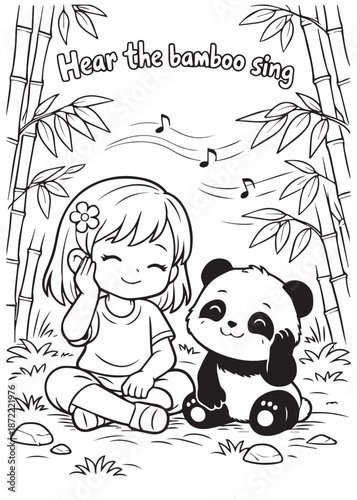 coloring book girl and cute panda listening to bamboo sounds while relaxing happily in a bamboo forest