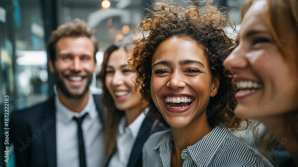 Fototapeta premium Diverse businesspeople laughing during meeting, in office display visualization, professional camaraderie concept, workplace diversity representation, team bonding aesthetic , with copy