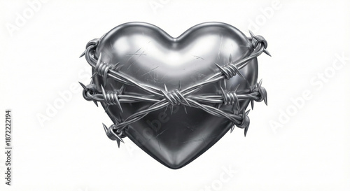 A powerful artistic rendering of a metallic heart tightly bound by aggressive barbed wire, depicting love's painful burdens, emotional barriers, and resilience