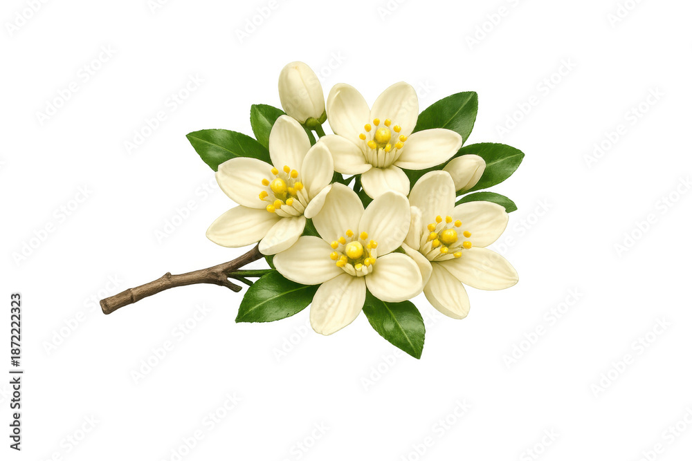 Fototapeta premium Orange blossom branch featuring white citrus flowers and green leaves with developing new buds, transparent background