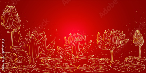 Golden line plant lotus background in red, asian backround, blooming flower, buds and leaves luxury minimal design, vector flat
