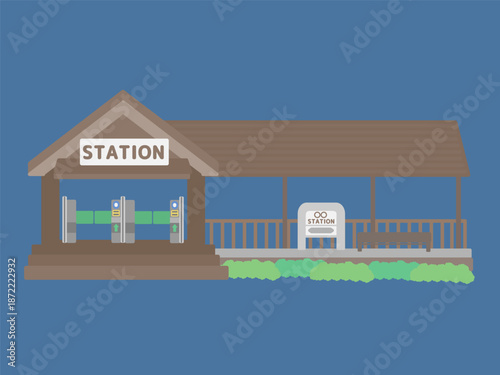 焦茶色の外観が特徴的な田舎にある古めの駅舎イラスト