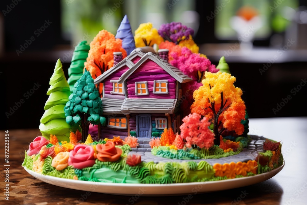 Fototapeta premium Creative cake decorating shaping a miniature vibrant village with colorful trees and flowers