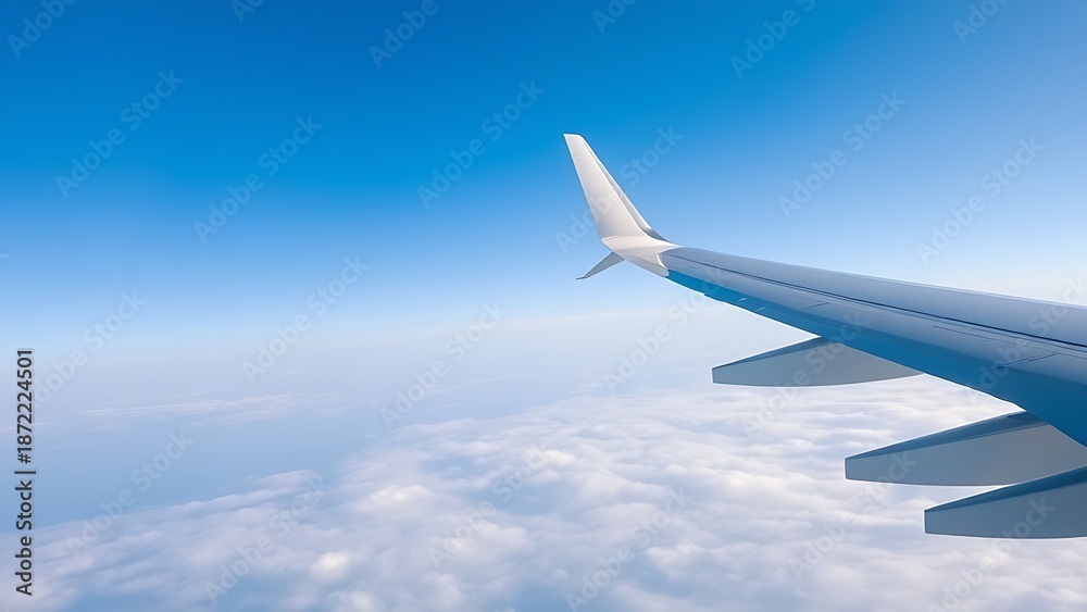 Fototapeta premium contrails. Passenger jet soaring through a clear blue sky with white contrails and soft clouds. mobility guides, transit brochures, designed for mobility and urban transit guides.