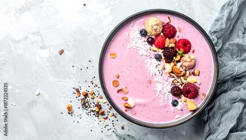 Delicious and Healthy Smoothie Bowl with Fresh Berries and Granola.