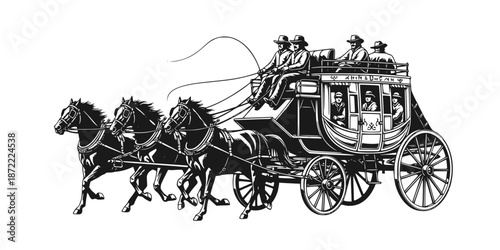 Stagecoach wagon or diligence with horses. Wild West style traditional horse-drawn carriage with the coach and passengers. Black and white monochrome vector illustration.