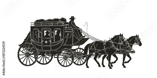 Stagecoach wagon or diligence with horses. Wild West style traditional horse-drawn carriage with the coach and passengers. Black and white monochrome vector illustration.