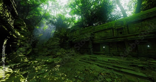 A misty jungle landscape surrounds a worn stone structure largely covered in moss. Sunlight filters through lush trees, highlighting natures reclamation of the ruins.