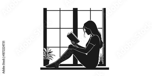 Woman Reading a Book Alone at Home Sitting by the Window Cozy Flat Vector Illustration with Transparent Background