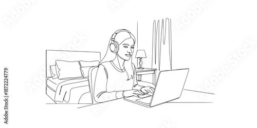 One continuous line drawing of teen girl school student wear headphone and watch video online webinar learn on laptop. Distance E-learning course video conference pc call in bedroom at home.