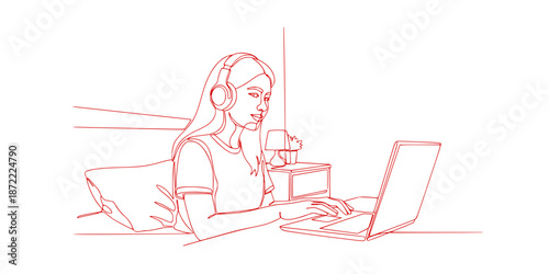 One continuous line drawing of teen girl school student wear headphone and watch video online webinar learn on laptop. Distance E-learning course video conference pc call in bedroom at home.
