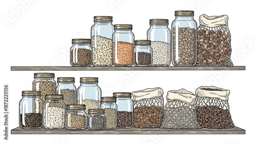 Variety of grains and seeds stored in jars and bags on shelves