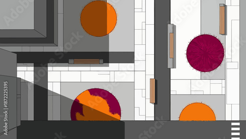 urban park design layout abstract top-down view of a modern city square geometric trees benches paving for urban planning and architecture