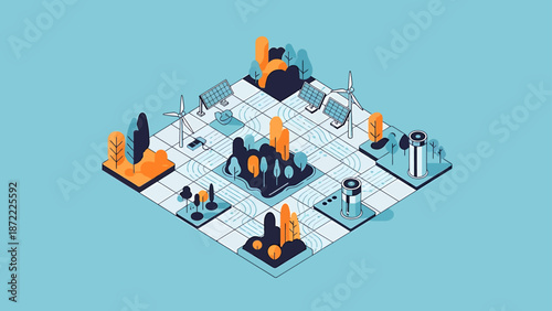 smart grid technology connecting renewable energy sources and battery storage systems in an isometric sustainable city for modern urban development projects.