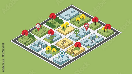 sustainable urban planning map displaying modern smart city infrastructure with diverse buildings and environmental markers for future development projects