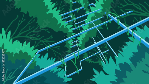 trellis with vines overgrown by vibrant green foliage forming an abstract pattern ideal for backgrounds depicting natural growth and green design concepts.