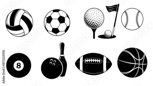 Diverse Sports Ball Icons Collection Minimalist Black and White Vector Set