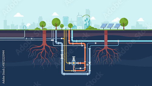 underground city infrastructure illustrating integrated urban utility networks pipelines and sustainable energy solutions for smart city planning.