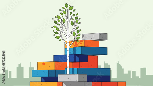 urban ecosystem growth depicted by a lone birch tree rising from stacked colorful building blocks against a city silhouette representing eco-friendly development.