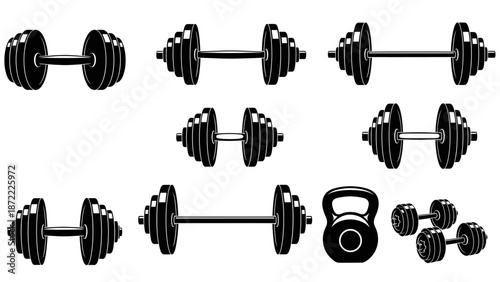 Essential gym workout equipment collection dumbbells barbells kettlebell for strength training fitness