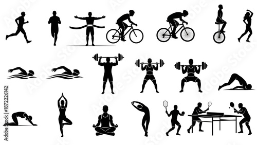 Dynamic Sport Activity Silhouettes Fitness and Exercise Icons Set