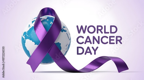 World cancer day illustration with a purple ribbon around the globe