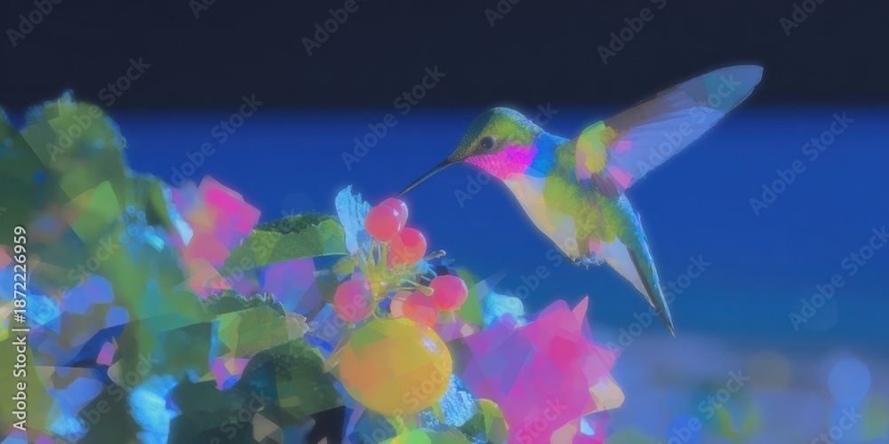 Fototapeta premium Vibrant Hummingbird Nectar Feast Artistic Nature-Inspired Painting for Lifestyle Marketing and Joyful Social Media Content
