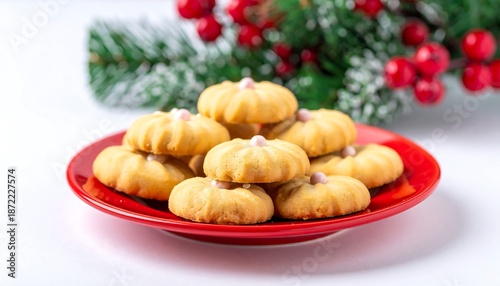Festive Christmas Cookies on a Red Plate with Holiday Decor.