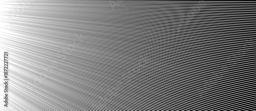 Angled white lines on black background create optical illusion of depth and motion. Abstract texture evokes geometric tension, visual distortion and dynamic linear perspective.