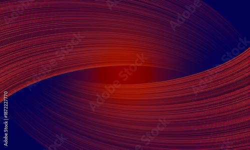 Curved orange and red lines swirl on dark background, forming dynamic texture and illusion of motion, depth and energy. Abstract composition evokes flow, contrast and geometric rhythm.