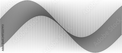 Stylized sine wave formed by vertical black lines on white background, creating rhythmic texture and abstract motion through minimalist geometry.