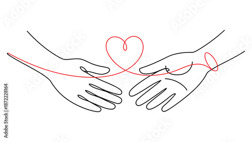 Minimalist drawing of two hands connected by a red string forming a heart