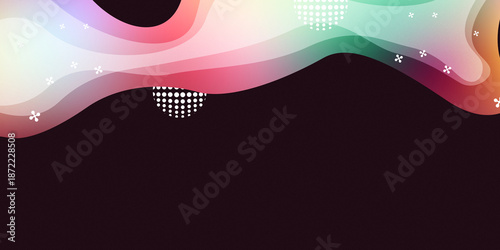 Abstract colorful wavy pattern with geometric elements on a dark noise textured background. Good for web banners
