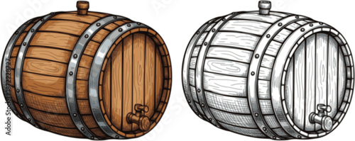 Beer or wine barrels ioslated on white background, engraving style color and black and white vector illustration
