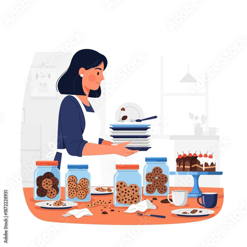 A woman in an apron holds a stack of dirty dishes in a messy kitchen with cookie jars, crumbs, and a chocolate cake on the table.