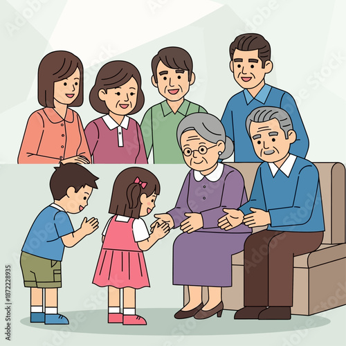 Illustration depicting a happy multi-generational Asian family with children showing respect to their elders and other adults.