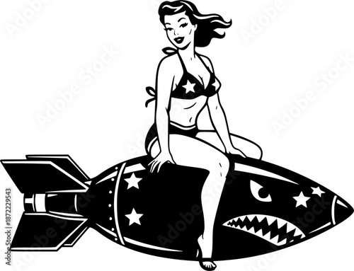 Pin up woman in bikini swimsuit riding a bomb like a surfer, isolated on the color background. Vintage nose art style vector illustration.